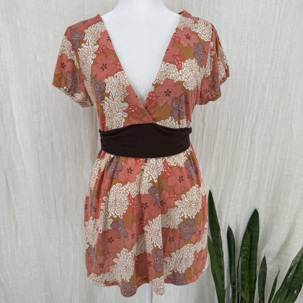 Vintage Y2K Boho Floral Babydoll Tunic Top L Retro Hippie Fairy Earthy Tie Back